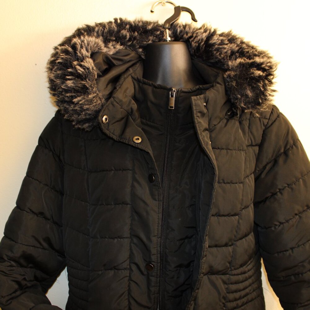 Novish Collection Black Quilted Faux Fur Hooded Puffer Coat Women’s L Long Winte - Picture 2 of 12